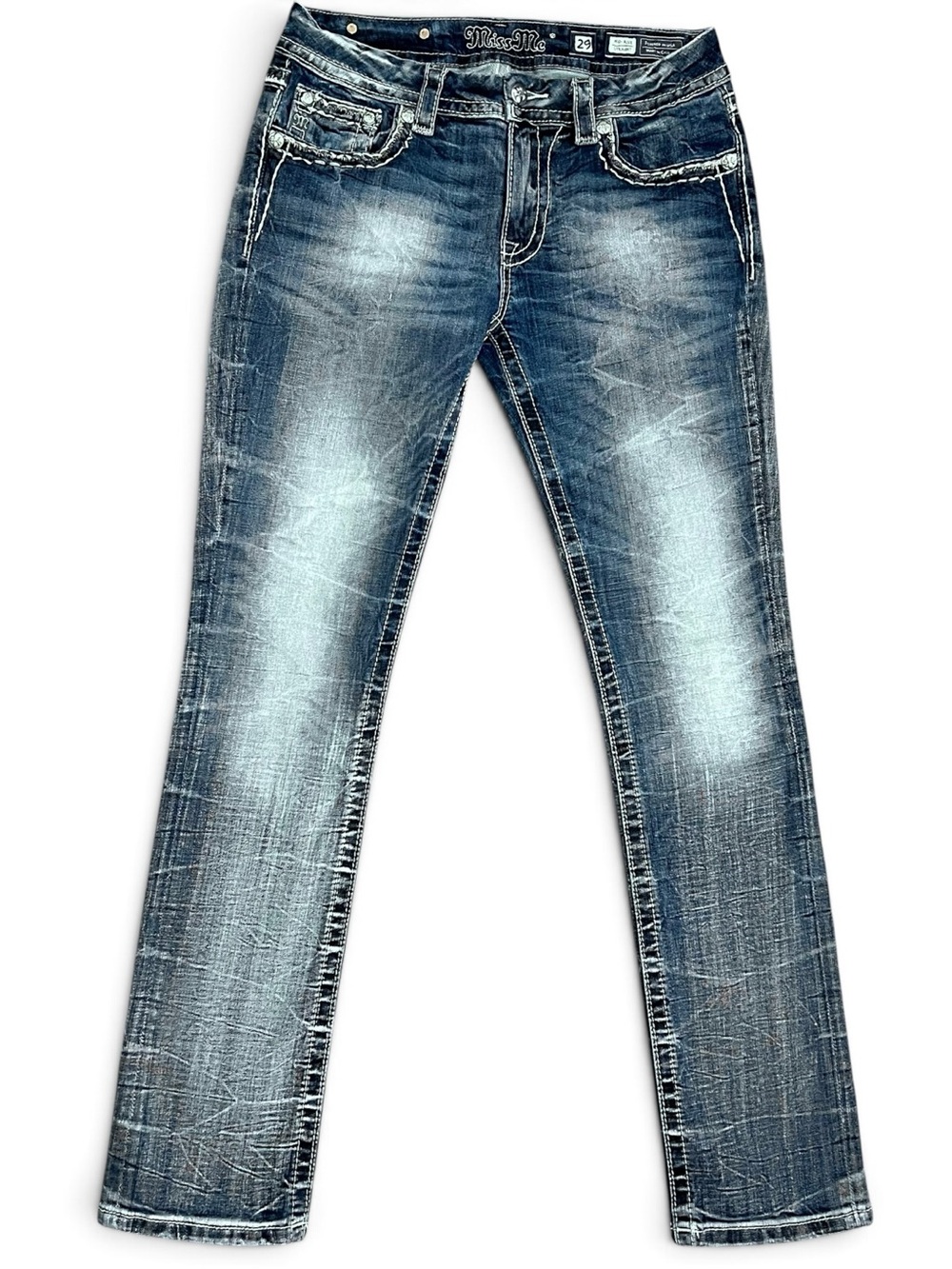 Miss Me Mid Rise Straight Leg Jeans Women's 29 Blue Distressed Bling Flap Pocket
